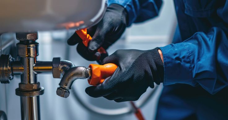 Hands working on plumbing fittings and pipe connections